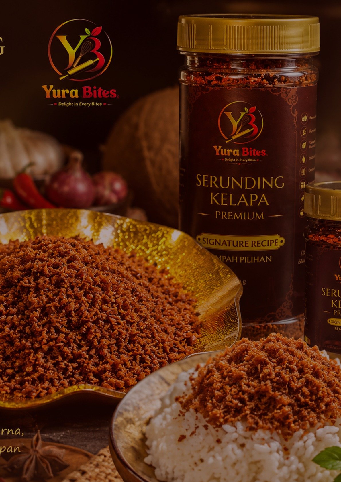 Yura Bites Serunding Kelapa Premium dengan sajian nasi hangat