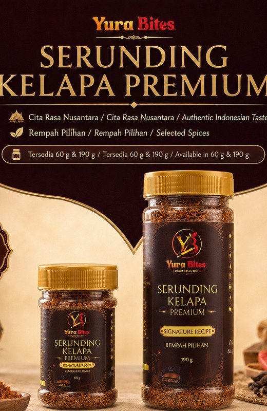 Kemasan 60 gram dan 190 gram Yura Bites Serunding Kelapa Premium