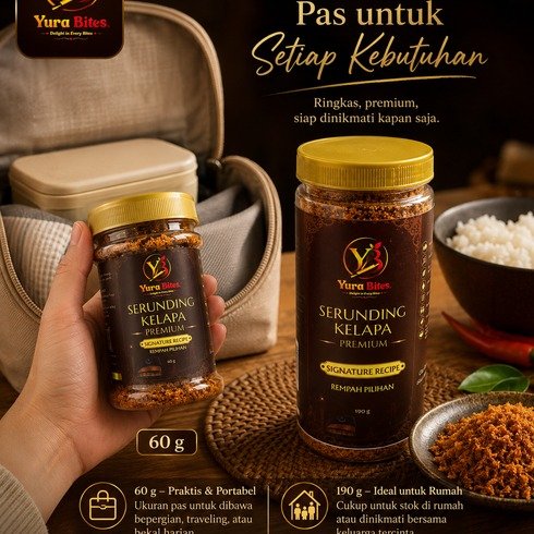 Kemasan Yura Bites Serunding Kelapa Premium untuk traveling dan bekal